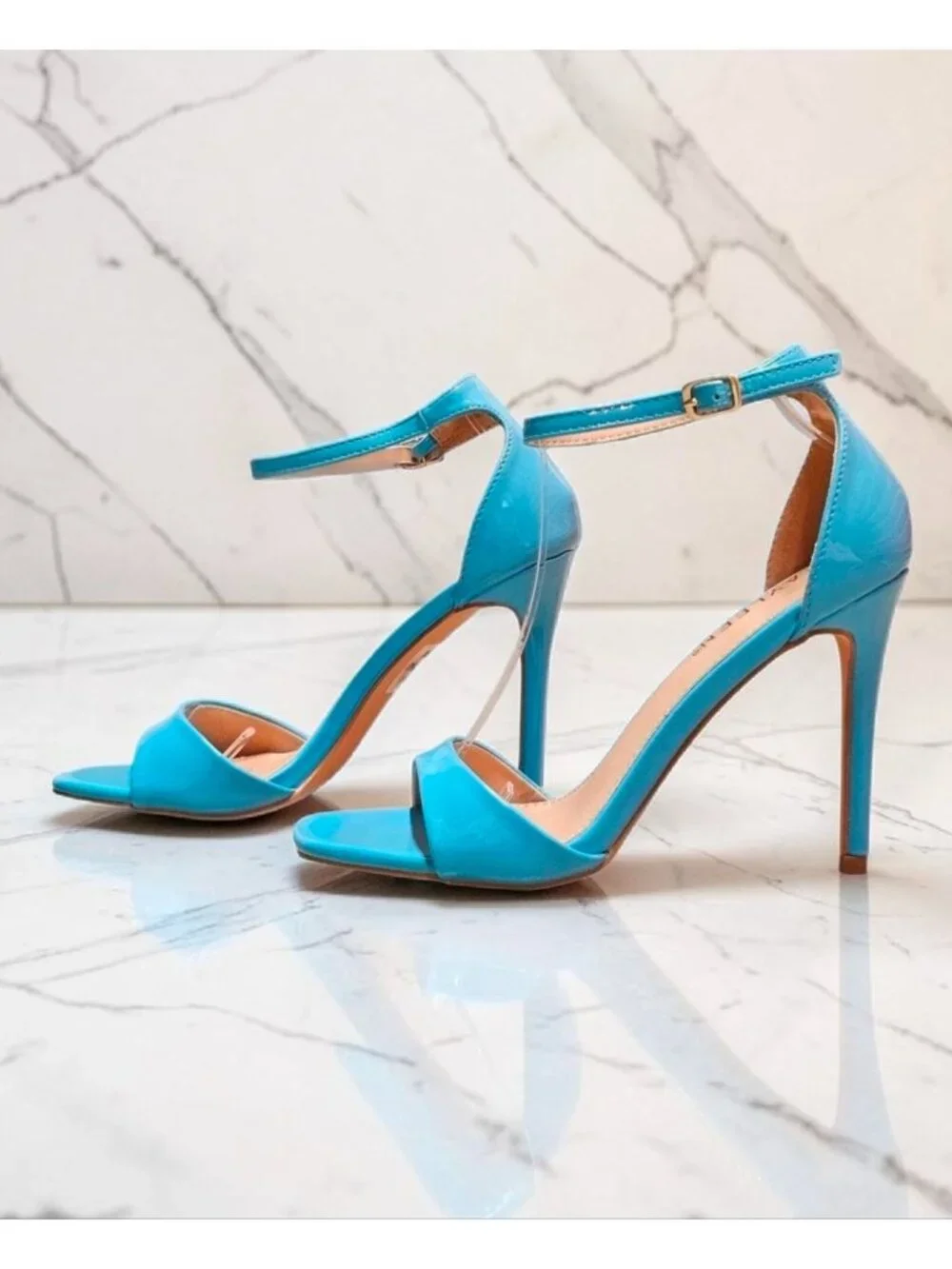 Elegant Blue Patent Leather Stiletto Heels With Ankle Strap & Open Toe For Women